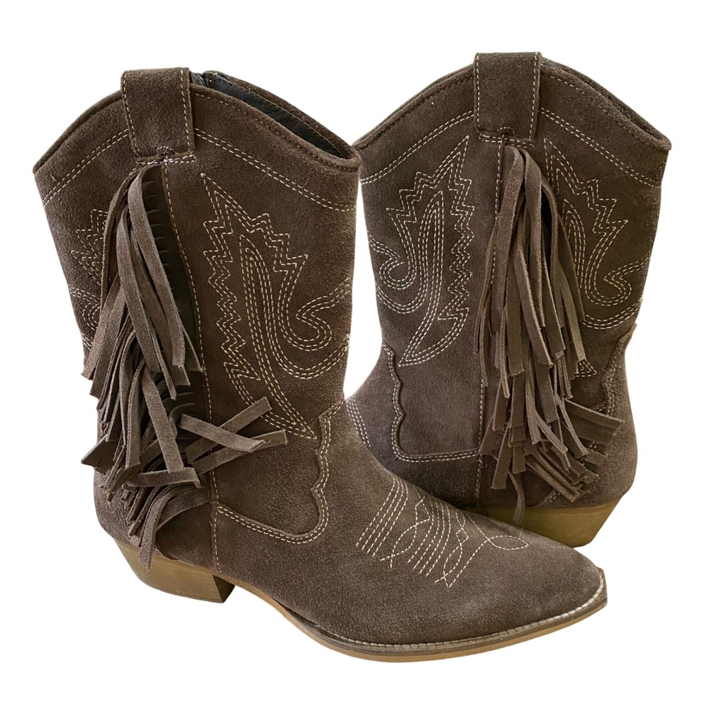 Womens Boho Western Fringe Suede Boots Size 10 Dark Brown Cowgirl Rodeo Country